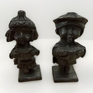 Vintage Royal Pewter Holiday Carolers (2) Mini Figurines With Songbooks ~1.5”